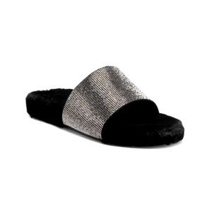 INC Womens Black Faux Fur Trim Rhinestone Feymin Slides